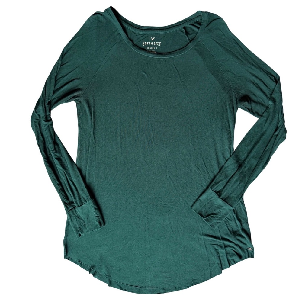 American Eagle Soft & Sexy Jegging T Green Long Sleeve Raglan Shirt Medium